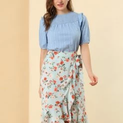 Allegra K Women's Cotton Frilled Blouses Solid Round Neck Short Sleeve Shirt Top