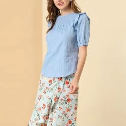 Allegra K Women's Cotton Frilled Blouses Solid Round Neck Short Sleeve Shirt Top