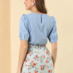 Allegra K Women's Cotton Frilled Blouses Solid Round Neck Short Sleeve Shirt Top