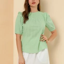 Allegra K Women's Cotton Frilled Blouses Solid Round Neck Short Sleeve Shirt Top