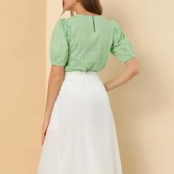 Allegra K Women's Cotton Frilled Blouses Solid Round Neck Short Sleeve Shirt Top