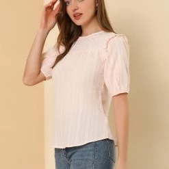 Allegra K Women's Cotton Frilled Blouses Solid Round Neck Short Sleeve Shirt Top