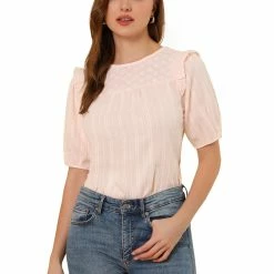 Allegra K Women's Cotton Frilled Blouses Solid Round Neck Short Sleeve Shirt Top