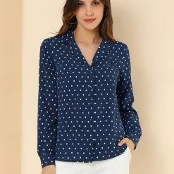 Allegra K Women's Heart Polka Dots Button Up Notched Lapel V Neck Shirt Tops 96 Allegra K Women's Heart Polka Dots Button Up Notched Lapel V Neck Shirt Tops