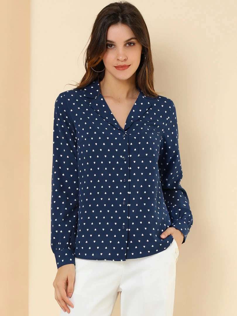 Allegra K Women's Heart Polka Dots Button Up Notched Lapel V Neck Shirt Tops 18 Allegra K Women's Heart Polka Dots Button Up Notched Lapel V Neck Shirt Tops