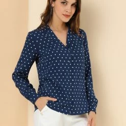 Allegra K Women's Heart Polka Dots Button Up Notched Lapel V Neck Shirt Tops 97 Allegra K Women's Heart Polka Dots Button Up Notched Lapel V Neck Shirt Tops