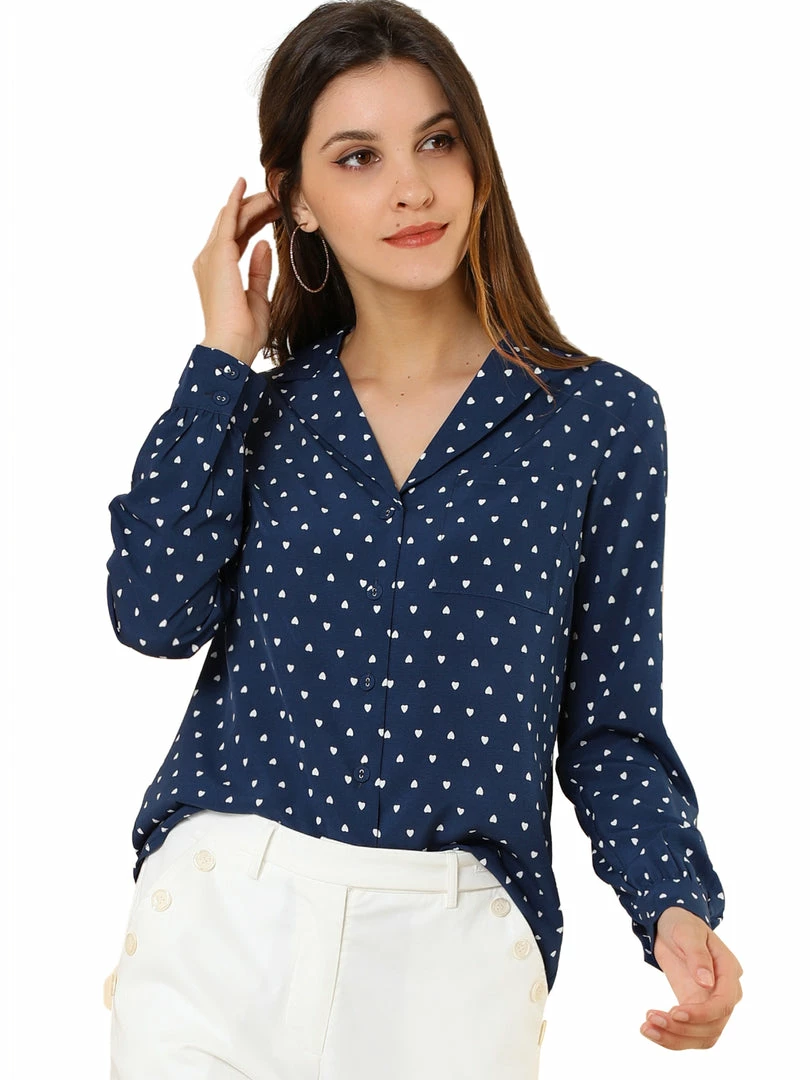 Allegra K Women's Heart Polka Dots Button Up Notched Lapel V Neck Shirt Tops 16 Allegra K Women's Heart Polka Dots Button Up Notched Lapel V Neck Shirt Tops