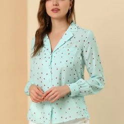 Allegra K Women's Heart Polka Dots Button Up Notched Lapel V Neck Shirt Tops 89 Allegra K Women's Heart Polka Dots Button Up Notched Lapel V Neck Shirt Tops