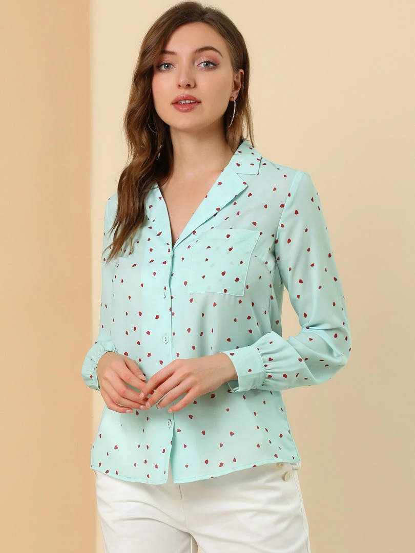 Allegra K Women's Heart Polka Dots Button Up Notched Lapel V Neck Shirt Tops 11 Allegra K Women's Heart Polka Dots Button Up Notched Lapel V Neck Shirt Tops