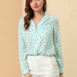Allegra K Women's Heart Polka Dots Button Up Notched Lapel V Neck Shirt Tops 90 Allegra K Women's Heart Polka Dots Button Up Notched Lapel V Neck Shirt Tops