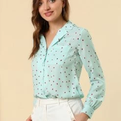 Allegra K Women's Heart Polka Dots Button Up Notched Lapel V Neck Shirt Tops 91 Allegra K Women's Heart Polka Dots Button Up Notched Lapel V Neck Shirt Tops