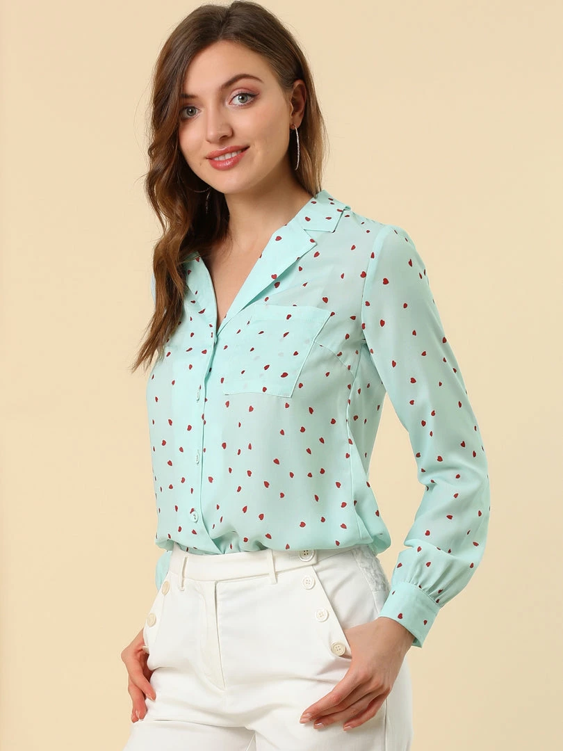Allegra K Women's Heart Polka Dots Button Up Notched Lapel V Neck Shirt Tops 13 Allegra K Women's Heart Polka Dots Button Up Notched Lapel V Neck Shirt Tops
