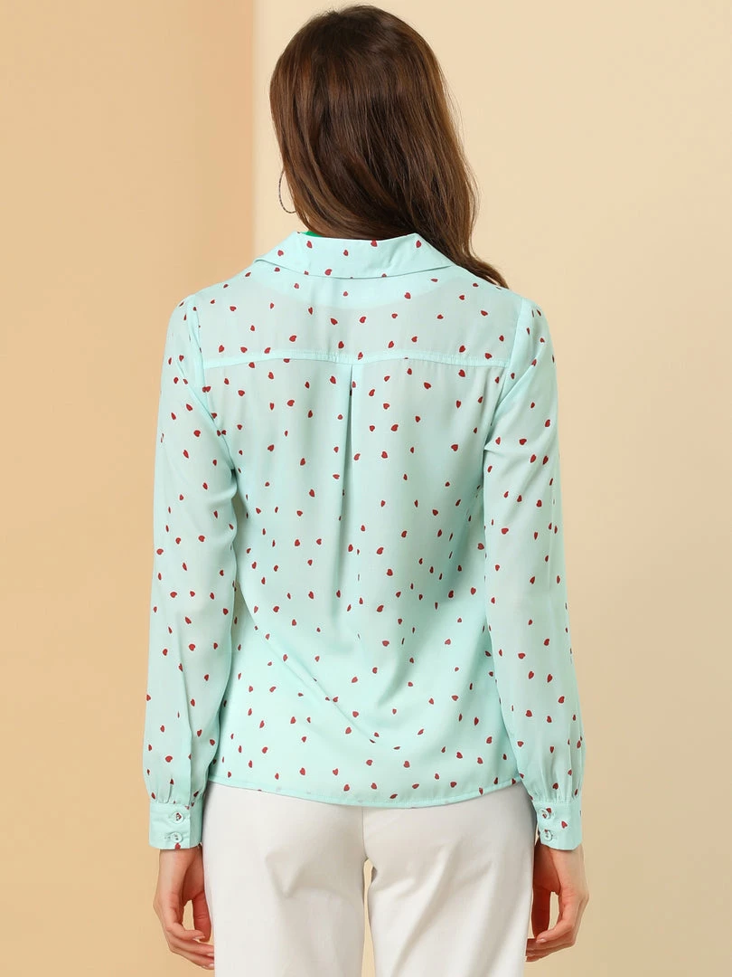 Allegra K Women's Heart Polka Dots Button Up Notched Lapel V Neck Shirt Tops 14 Allegra K Women's Heart Polka Dots Button Up Notched Lapel V Neck Shirt Tops