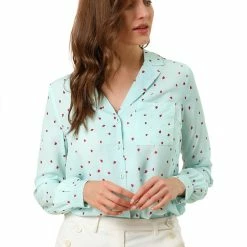 Allegra K Women's Heart Polka Dots Button Up Notched Lapel V Neck Shirt Tops 88 Allegra K Women's Heart Polka Dots Button Up Notched Lapel V Neck Shirt Tops