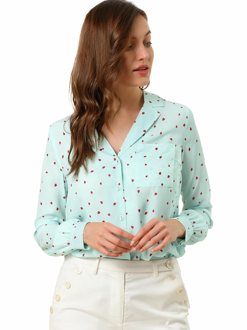 Allegra K Women's Heart Polka Dots Button Up Notched Lapel V Neck Shirt Tops 10 Allegra K Women's Heart Polka Dots Button Up Notched Lapel V Neck Shirt Tops