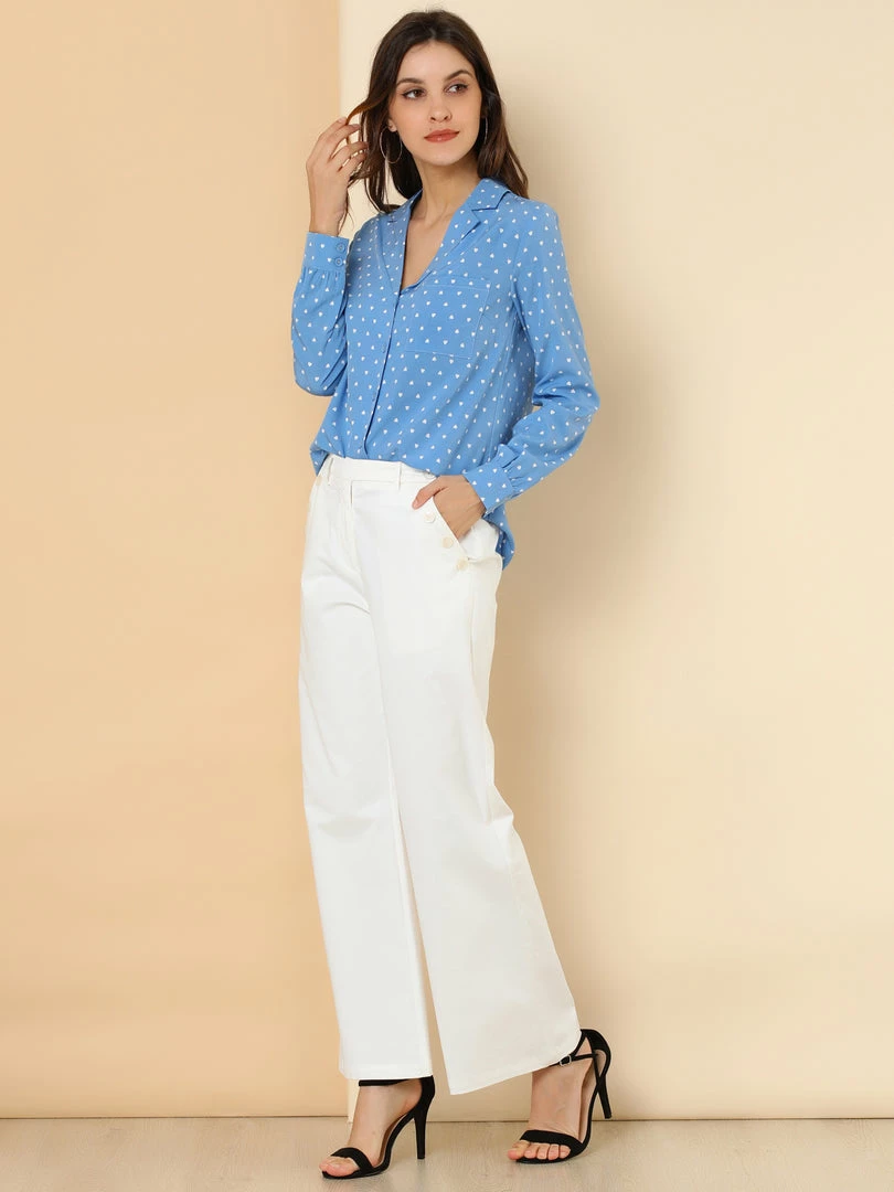 Allegra K Women's Heart Polka Dots Button Up Notched Lapel V Neck Shirt Tops 5 Allegra K Women's Heart Polka Dots Button Up Notched Lapel V Neck Shirt Tops