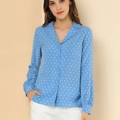 Allegra K Women's Heart Polka Dots Button Up Notched Lapel V Neck Shirt Tops 84 Allegra K Women's Heart Polka Dots Button Up Notched Lapel V Neck Shirt Tops