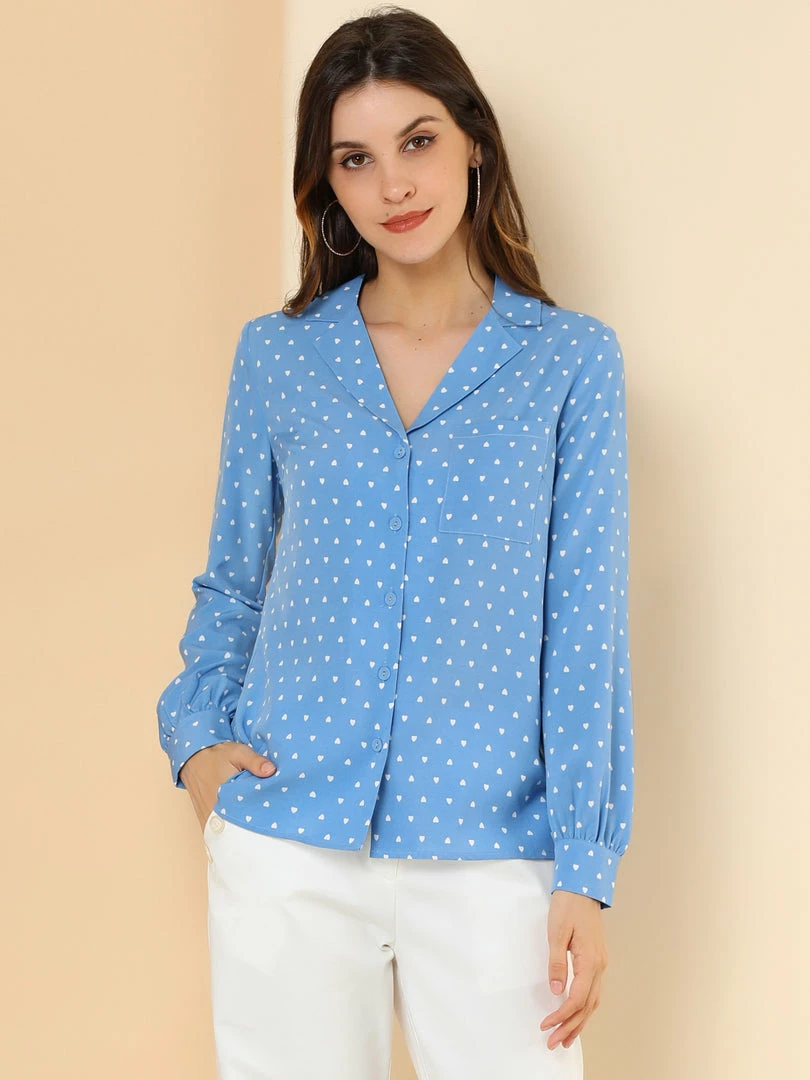 Allegra K Women's Heart Polka Dots Button Up Notched Lapel V Neck Shirt Tops 6 Allegra K Women's Heart Polka Dots Button Up Notched Lapel V Neck Shirt Tops