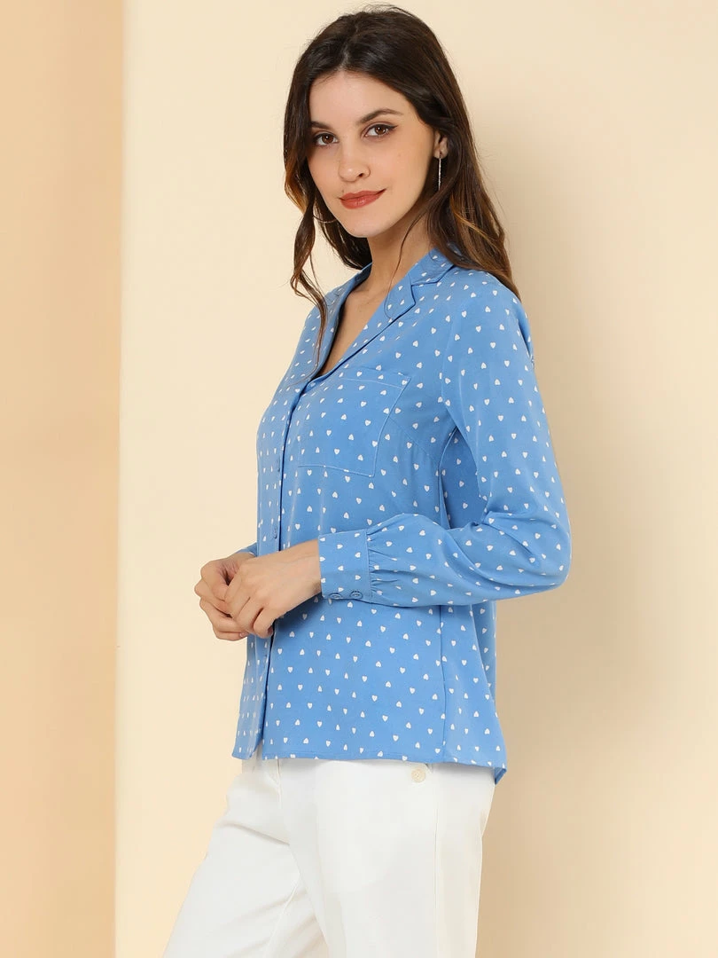 Allegra K Women's Heart Polka Dots Button Up Notched Lapel V Neck Shirt Tops 7 Allegra K Women's Heart Polka Dots Button Up Notched Lapel V Neck Shirt Tops