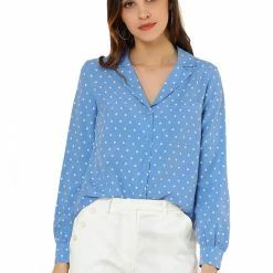 Allegra K Women's Heart Polka Dots Button Up Notched Lapel V Neck Shirt Tops