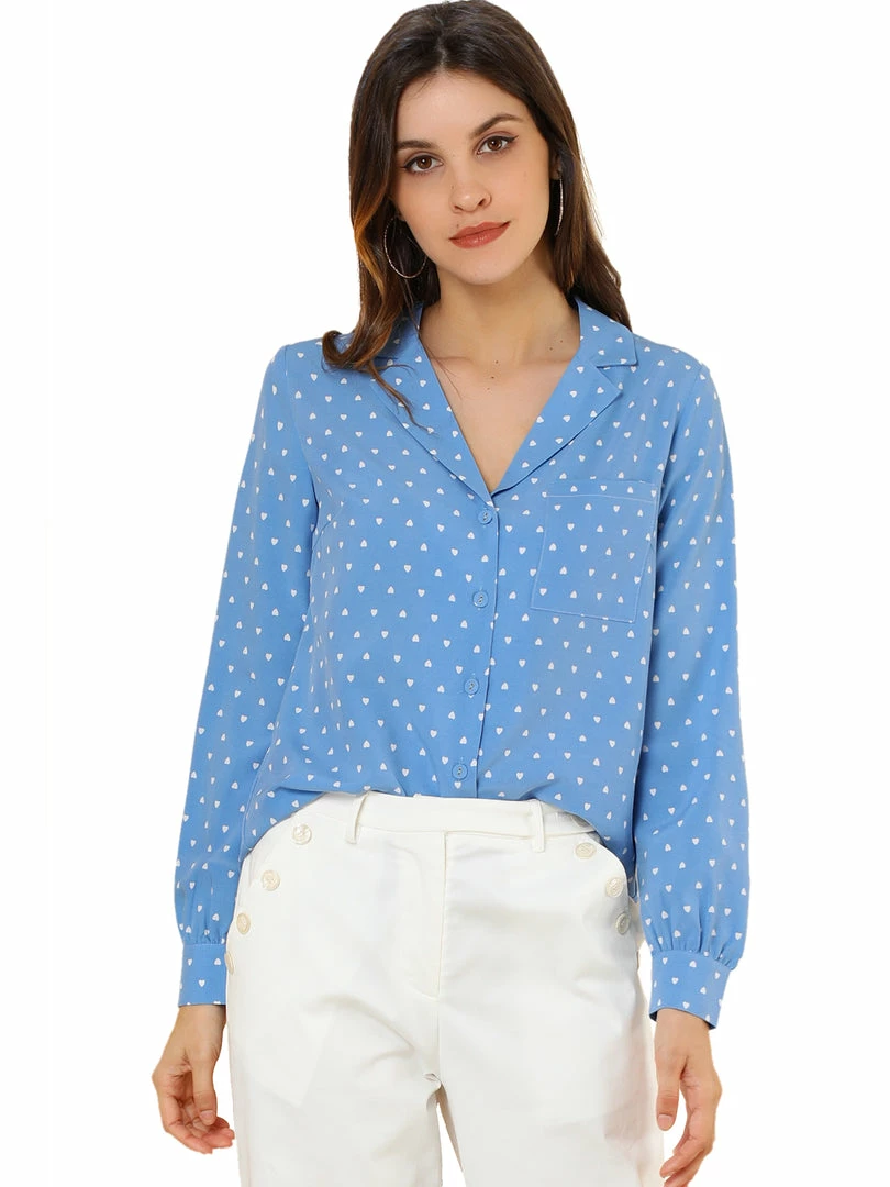 Allegra K Women's Heart Polka Dots Button Up Notched Lapel V Neck Shirt Tops 4 Allegra K Women's Heart Polka Dots Button Up Notched Lapel V Neck Shirt Tops