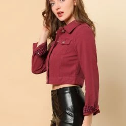 Allegra K Cropped Shirt Jacket With Contrast Collar And Cuffs Women