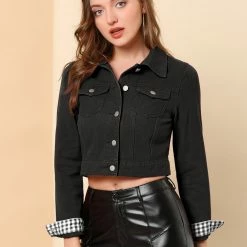Allegra K Cropped Shirt Jacket With Contrast Collar And Cuffs Women