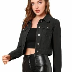Allegra K Cropped Shirt Jacket With Contrast Collar And Cuffs Women