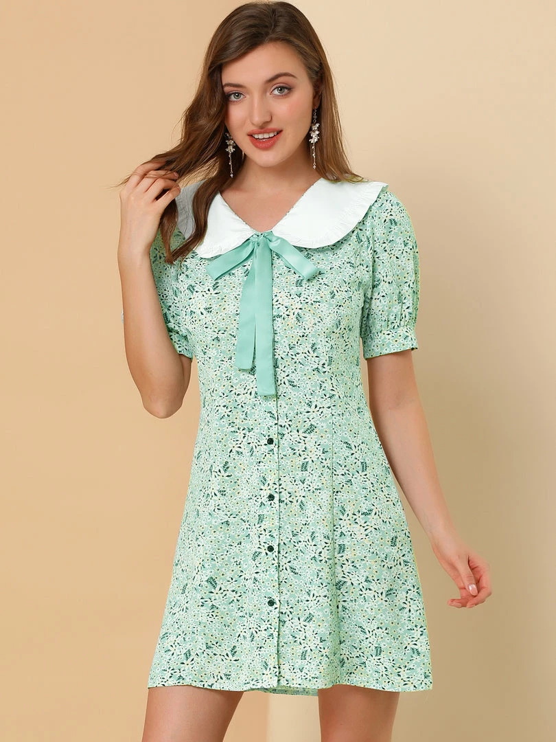 Allegra K Women's Peter Pan Collar Floral Dress Bow Tie Short Sleeve Summe Dresses 18 Allegra K Women's Peter Pan Collar Floral Dress Bow Tie Short Sleeve Summe Dresses