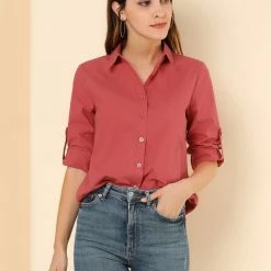 Allegra K Women's Button Down Shirts Collared Work Office Roll-up Long Sleeve Shirt 42 Allegra K Women's Button Down Shirts Collared Work Office Roll-up Long Sleeve Shirt