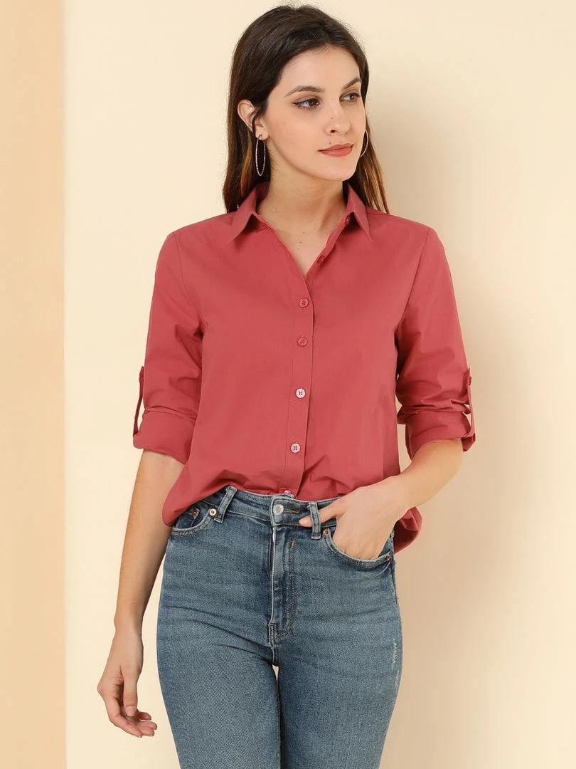 Allegra K Women's Button Down Shirts Collared Work Office Roll-up Long Sleeve Shirt 12 Allegra K Women's Button Down Shirts Collared Work Office Roll-up Long Sleeve Shirt