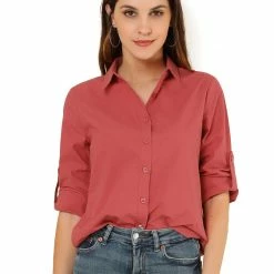 Allegra K Women's Button Down Shirts Collared Work Office Roll-up Long Sleeve Shirt 40 Allegra K Women's Button Down Shirts Collared Work Office Roll-up Long Sleeve Shirt