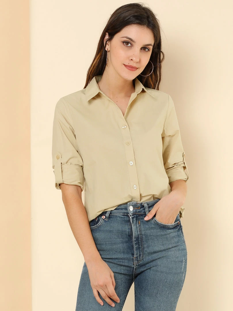 Allegra K Women's Button Down Shirts Collared Work Office Roll-up Long Sleeve Shirt 6 Allegra K Women's Button Down Shirts Collared Work Office Roll-up Long Sleeve Shirt