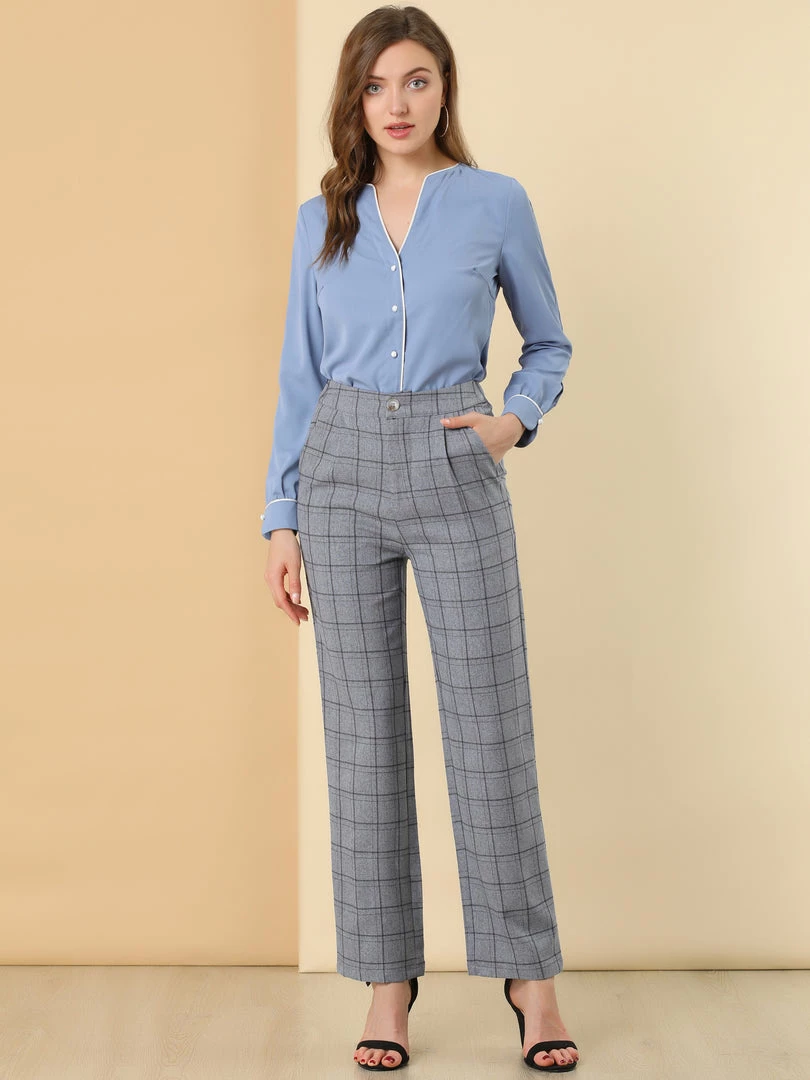 Allegra K Women's Plaid Trousers Pockets Straight Leg Pants 12 Allegra K Women's Plaid Trousers Pockets Straight Leg Pants