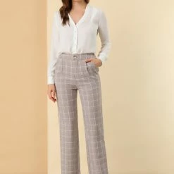 Allegra K Women's Plaid Trousers Pockets Straight Leg Pants 42 Allegra K Women's Plaid Trousers Pockets Straight Leg Pants