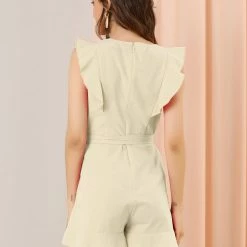 Allegra K Women's Tie Waist V Neck Button Decor Ruffle Flutter Sleeve Mini Romper 25 Allegra K Women's Tie Waist V Neck Button Decor Ruffle Flutter Sleeve Mini Romper