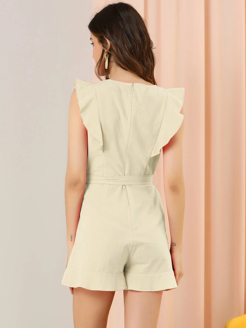 Allegra K Women's Tie Waist V Neck Button Decor Ruffle Flutter Sleeve Mini Romper 7 Allegra K Women's Tie Waist V Neck Button Decor Ruffle Flutter Sleeve Mini Romper