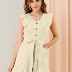 Allegra K Women's Tie Waist V Neck Button Decor Ruffle Flutter Sleeve Mini Romper 26 Allegra K Women's Tie Waist V Neck Button Decor Ruffle Flutter Sleeve Mini Romper