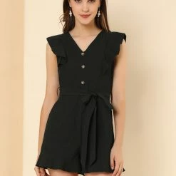 Allegra K Women's Tie Waist V Neck Button Decor Ruffle Flutter Sleeve Mini Romper 30 Allegra K Women's Tie Waist V Neck Button Decor Ruffle Flutter Sleeve Mini Romper