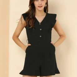 Allegra K Women's Tie Waist V Neck Button Decor Ruffle Flutter Sleeve Mini Romper 32 Allegra K Women's Tie Waist V Neck Button Decor Ruffle Flutter Sleeve Mini Romper