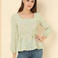 Allegra K Floral Print Square Neck Long Sleeves Tie Waist Blouse Women