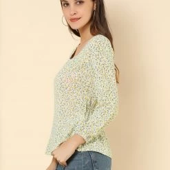 Allegra K Floral Print Square Neck Long Sleeves Tie Waist Blouse Women
