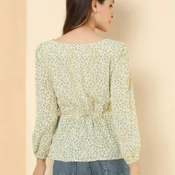 Allegra K Floral Print Square Neck Long Sleeves Tie Waist Blouse Women