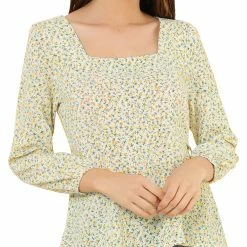 Allegra K Floral Print Square Neck Long Sleeves Tie Waist Blouse Women