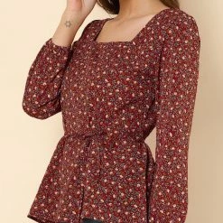 Allegra K Floral Print Square Neck Long Sleeves Tie Waist Blouse Women