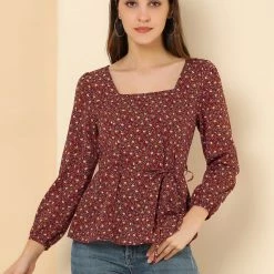 Allegra K Floral Print Square Neck Long Sleeves Tie Waist Blouse Women