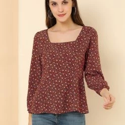 Allegra K Floral Print Square Neck Long Sleeves Tie Waist Blouse Women