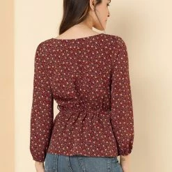 Allegra K Floral Print Square Neck Long Sleeves Tie Waist Blouse Women