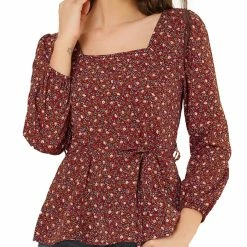 Allegra K Floral Print Square Neck Long Sleeves Tie Waist Blouse Women