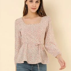 Allegra K Floral Print Square Neck Long Sleeves Tie Waist Blouse Women